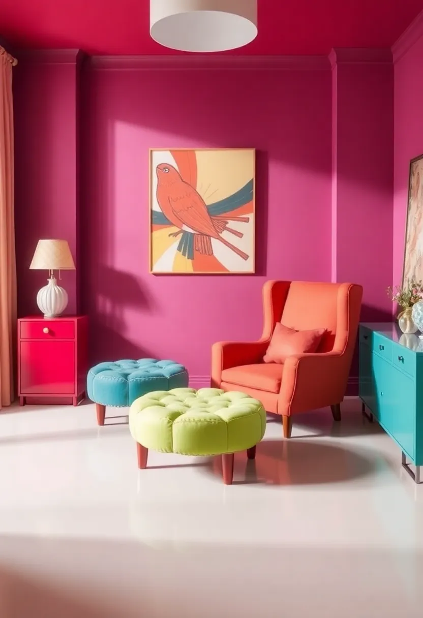 Bright Accent Furniture: Choose colorful ottomans or chairs that add playful flair and complement the rich color palette typical of Art Deco design