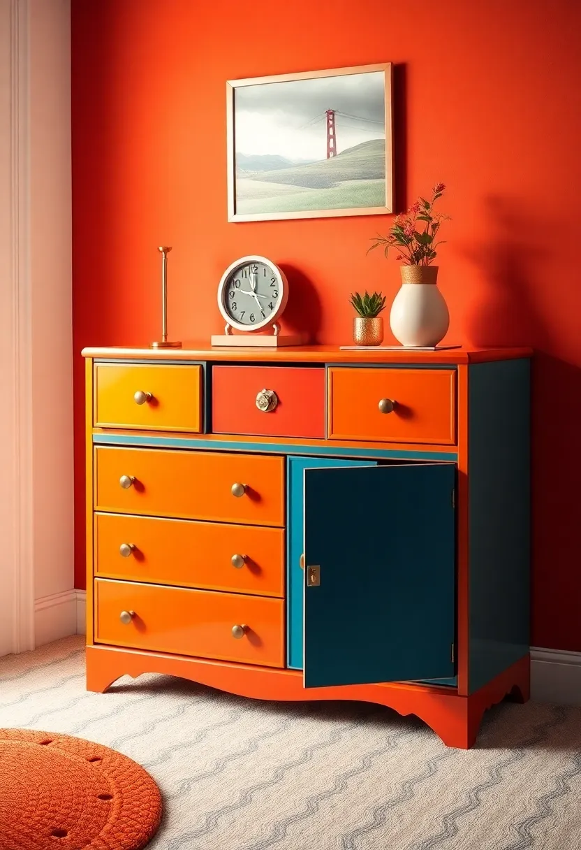 Retro-Inspired Dressers: Embrace vintage charm with a colorful dresser featuring Art Deco detailing, providing both style and practical storage for your child's clothes