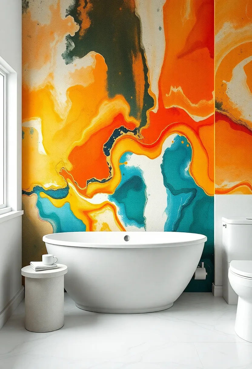 Bold Abstract art: Make a statement with bold, abstract art wallpaper that becomes the centerpiece of your bathroom decor