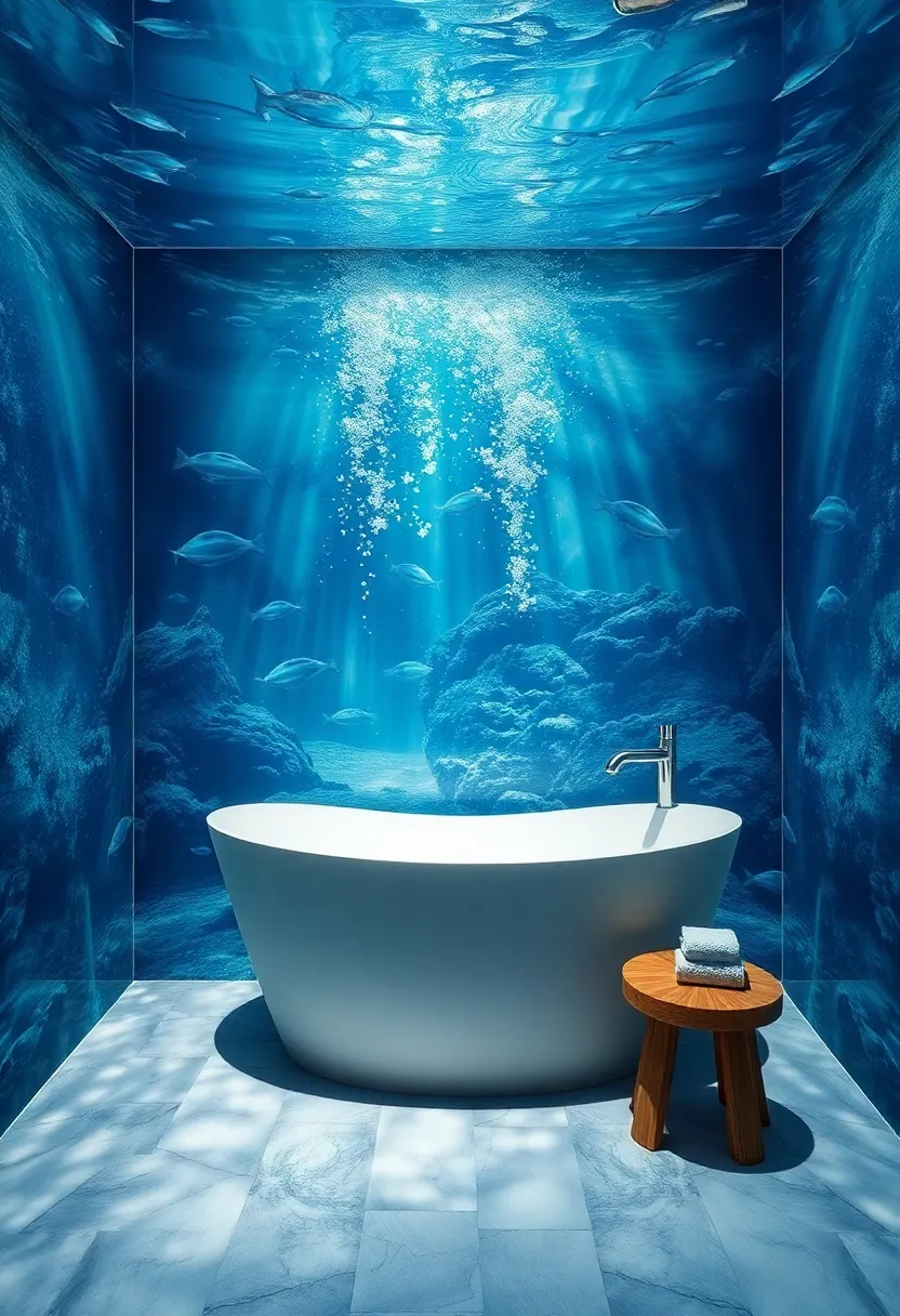 Dreamy Underwater Scenes: Bathe in tranquility with underwater-themed wallpaper that creates an immersive, calming environment worthy of any spa retreat