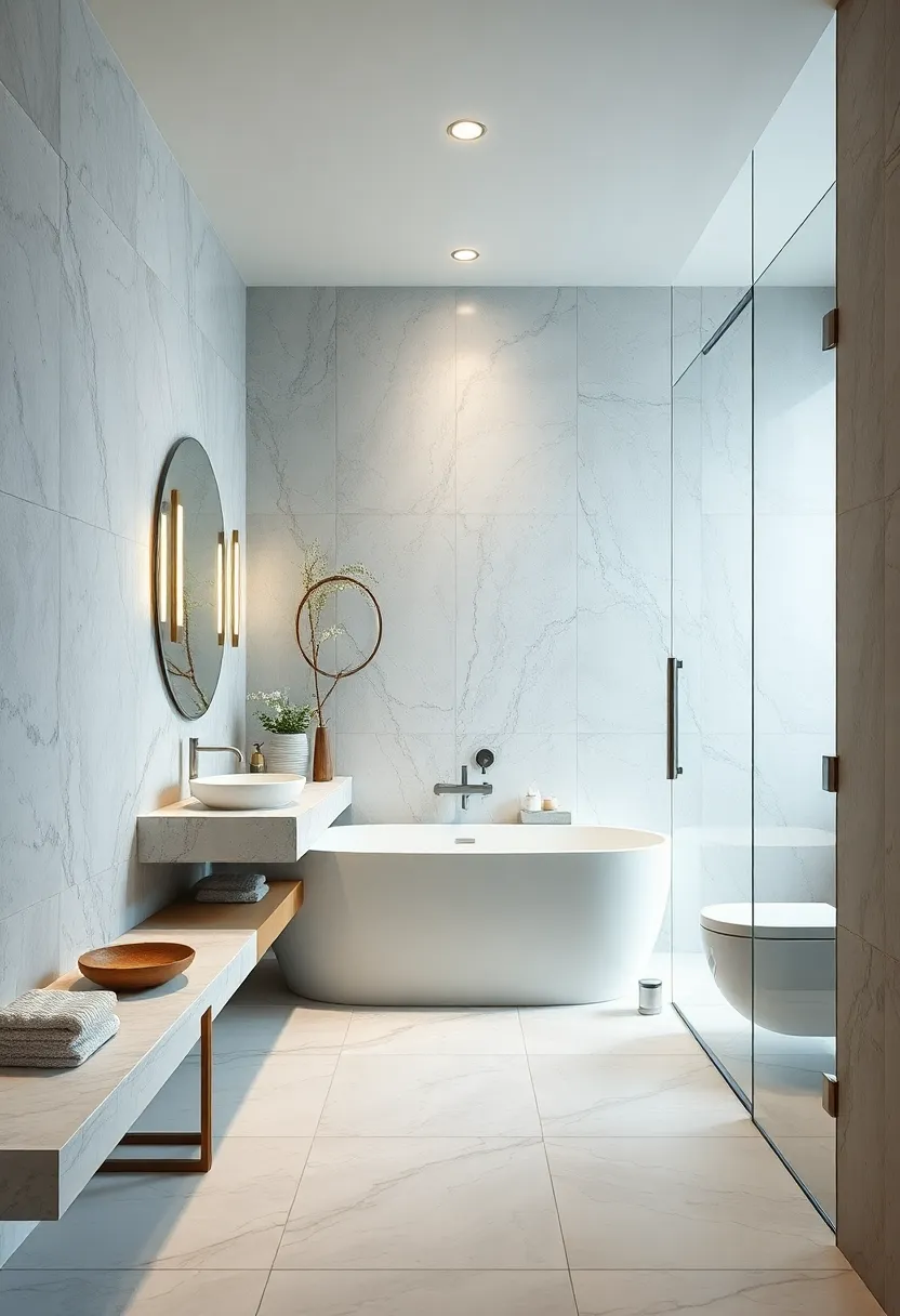 Cold Toned Marble ⁣Surfaces⁣ Paired​ With Transparent Glass Doors Amplifying A Luxurious Bathroom ⁢Feel