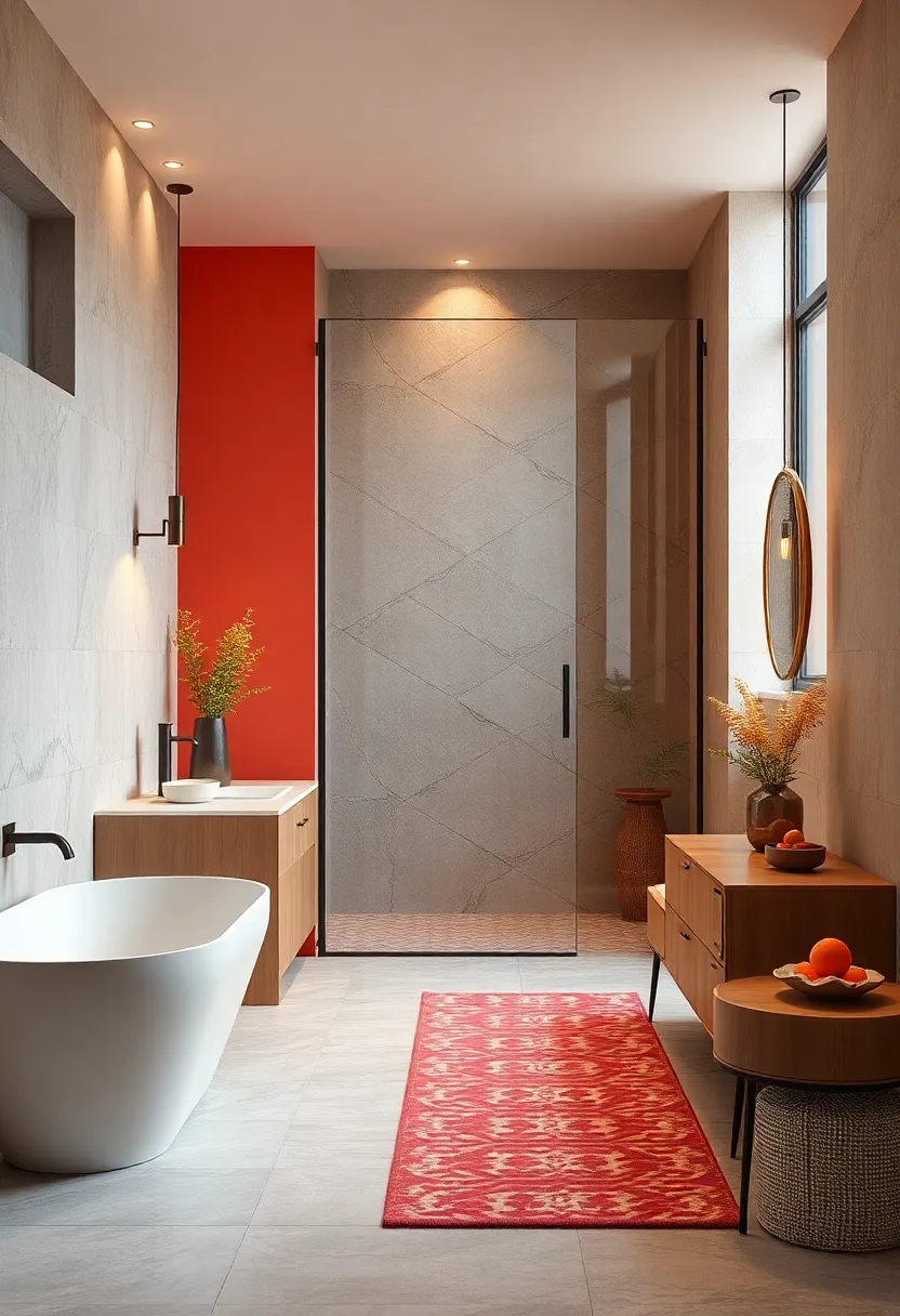 Complementary Color Schemes Surrounding Sleek Glass doors To Create Harmonious Bathroom Interiors