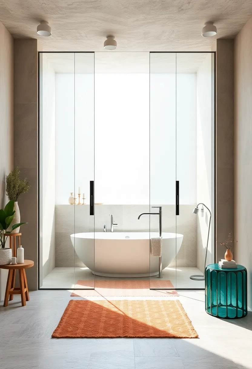 Elegant ​Frameless Glass Doors Creating An Open And Airy Bathroom Ambiance With Soft Natural Lighting
