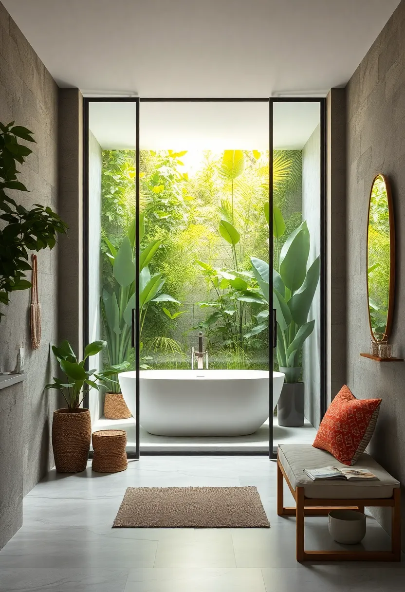 Glass‍ Doors​ Framed⁤ By Lush greenery portraying A Fresh And Natural Bathroom Sanctuary