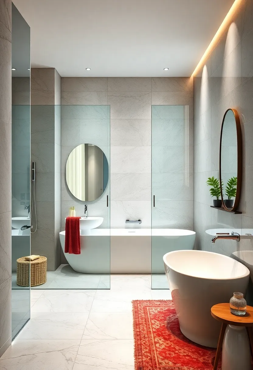 High Gloss Wall Finishes Mirroring Sleek Glass Doors ​To Amplify Light And Depth In Contemporary Bathrooms
