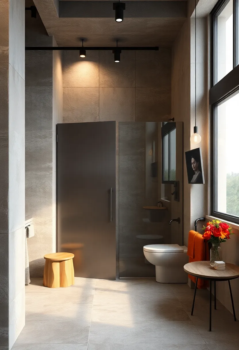 Mixed Material Combinations Showing Brushed Steel And Glass Doors In​ An Industrial ⁣Bathroom Scene