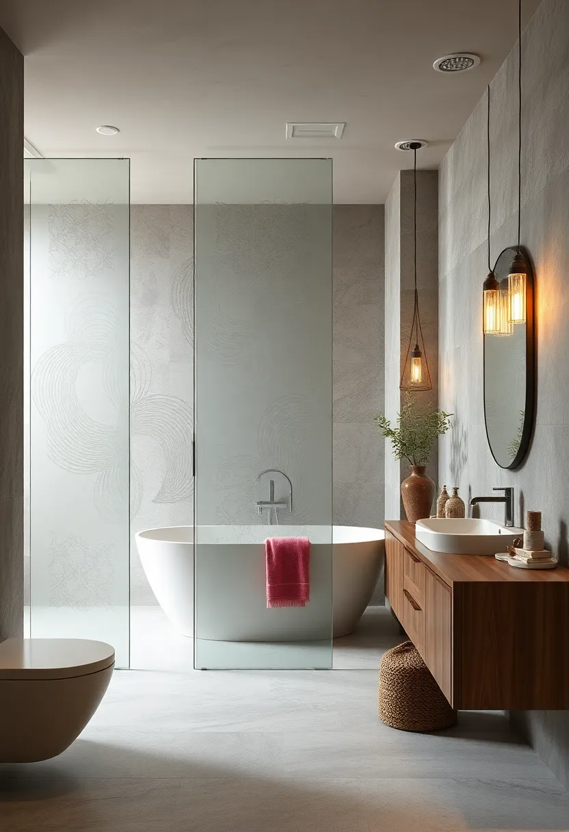 opaque⁢ Graphic Patterns Etched Into Glass Doors Energizing Bathroom Decor With Subtle Artistic Elements
