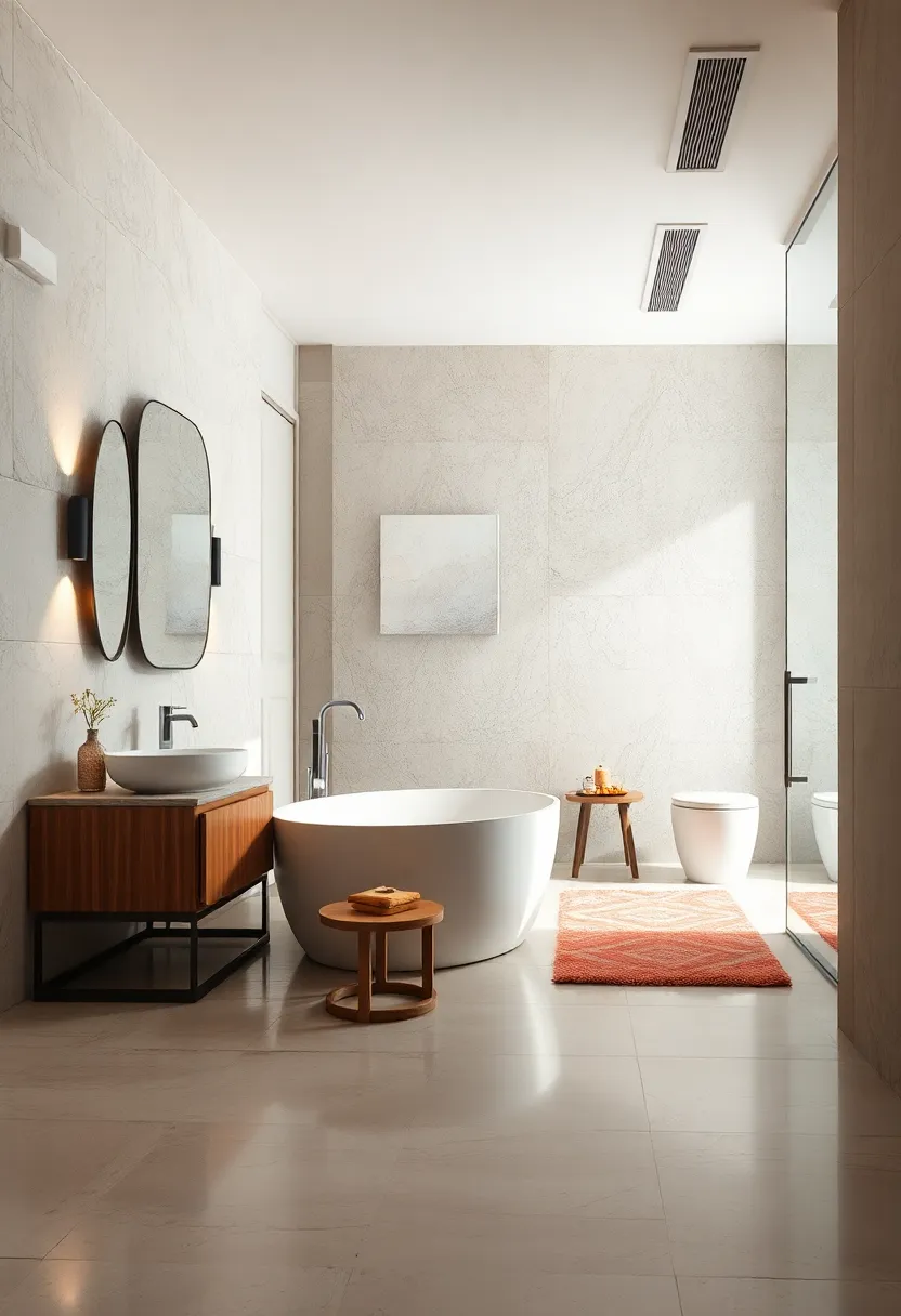 Reflective Surfaces Paired With Glass Doors Creating A Bright And Expansive Bathroom ‌Environment