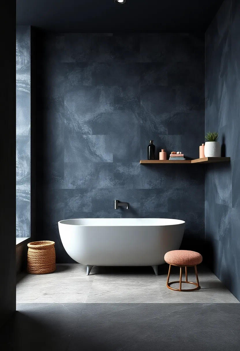 Deep Blue-Grey Walls with Minimalist Floating Shelves