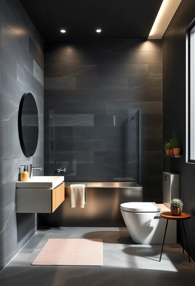 Black Slate Walls Paired with stainless steel⁣ for Modern Contrast