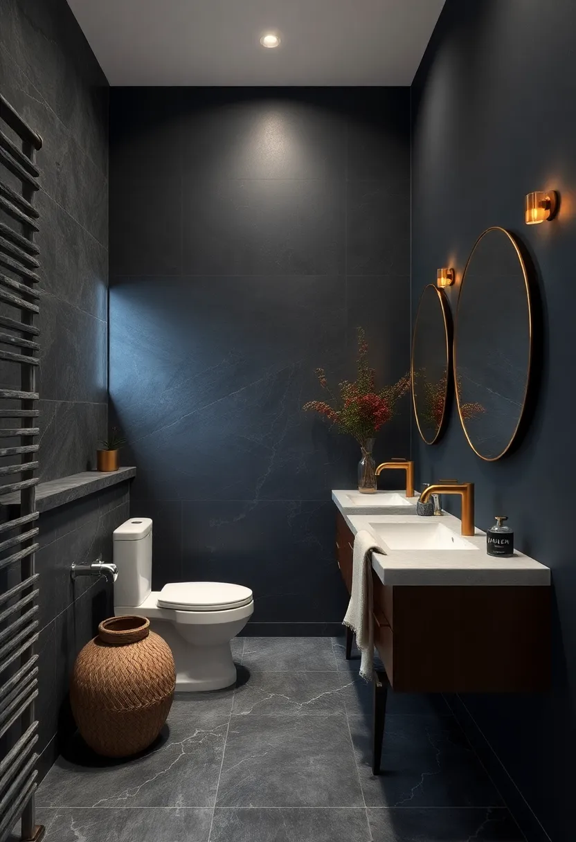 Deep Charcoal Paint Paired with Brass Fixtures ‌for‌ Luxe Appeal
