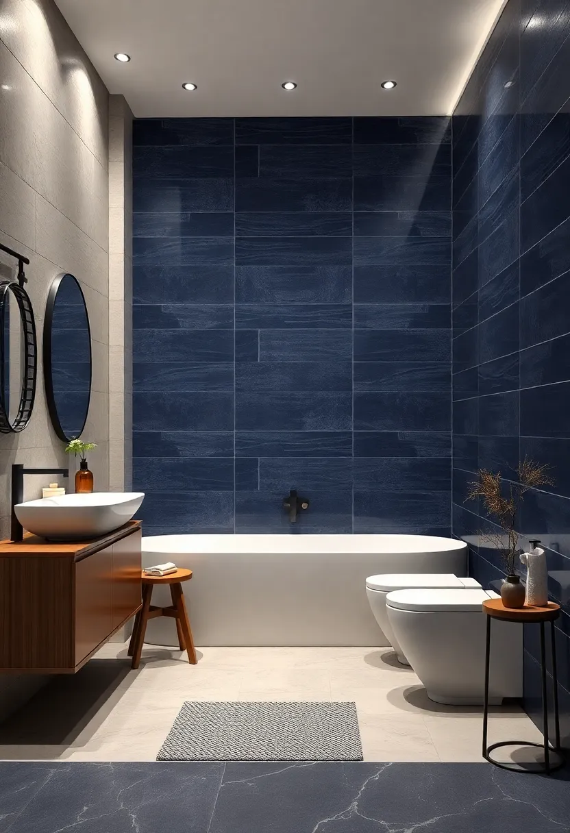 Navy Tile Walls⁣ with Glossy and Matte Combinations for texture
