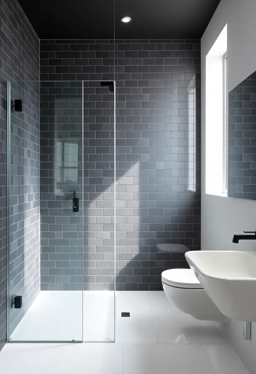 Matte Black Finishes: Achieve a modern look with matte black tiles or accents that contrast beautifully with clear glass