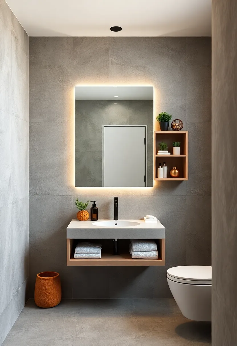 Hang a frameless Mirror with Integrated Storage Shelves Behind for ​a clean Look