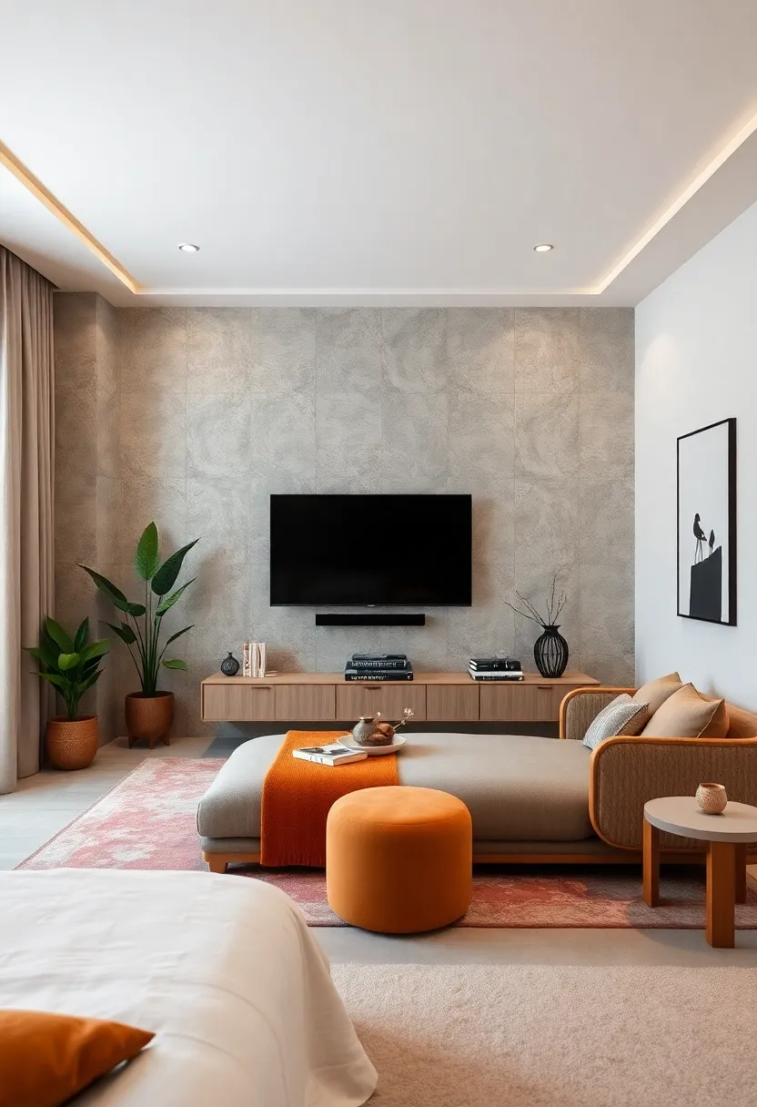 Incorporate a sleek media console that blends with your bedroom decor