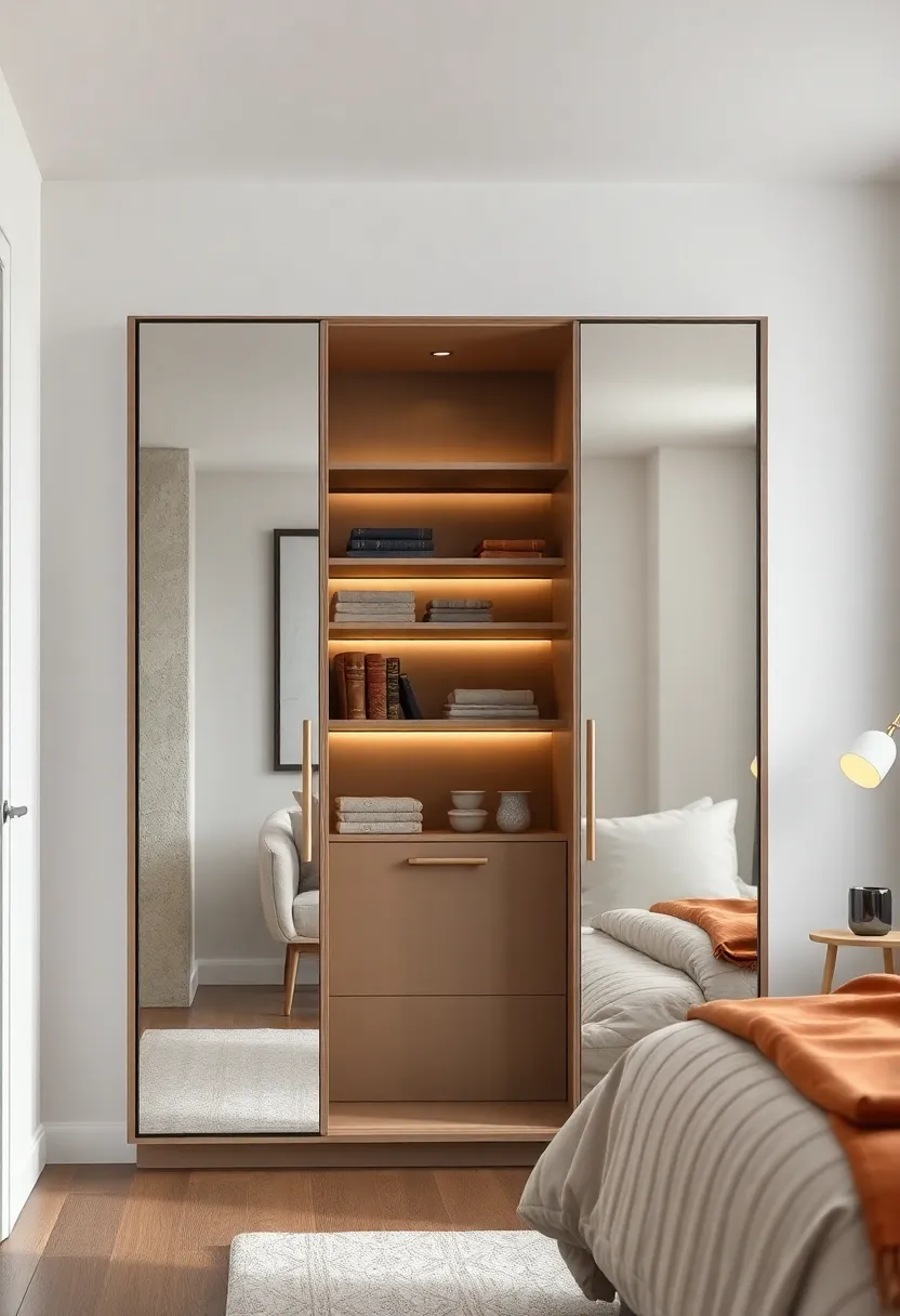 Elegant‌ Wardrobe with Mirrored Doors‌ and concealed Shelving ​to Maximize ⁣Room Light