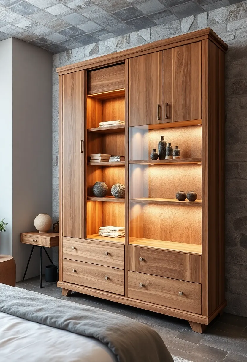 Rustic ⁤Wooden⁢ Wardrobe Featuring Open Shelves for Displaying⁢ Decorative ‌Items