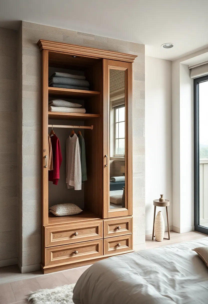 Vintage-Inspired Wardrobe with Carved Shelves and Hanging Rods Combining Style and Storage