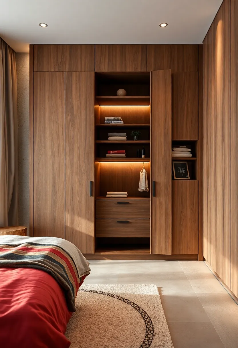 Wardrobe ⁣with⁣ Asymmetric Shelves and Sliding Panels for a Playful Bedroom‌ Design