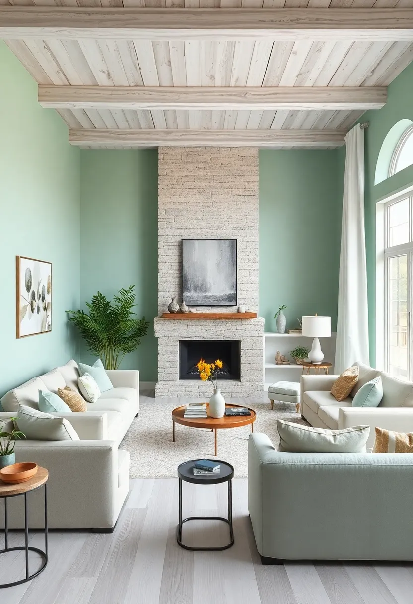 Crisp Mint‍ and Whitewashed Wood: Fresh mint tones paired with pale wood textures create a light and airy feel