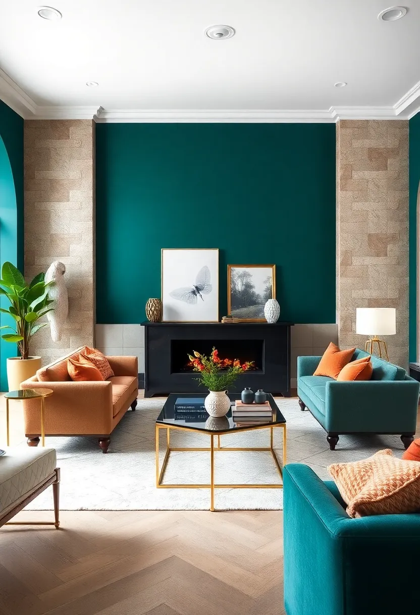 Deep Teal and Brass Accents: Rich teal‍ walls complemented by brass details create ⁤a luxurious and bold ​statement