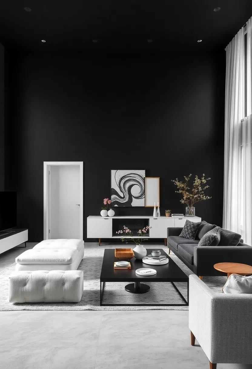 Classic Black and Soft White: A striking black wall contrasted with soft white accents creates a modern, high-impact look