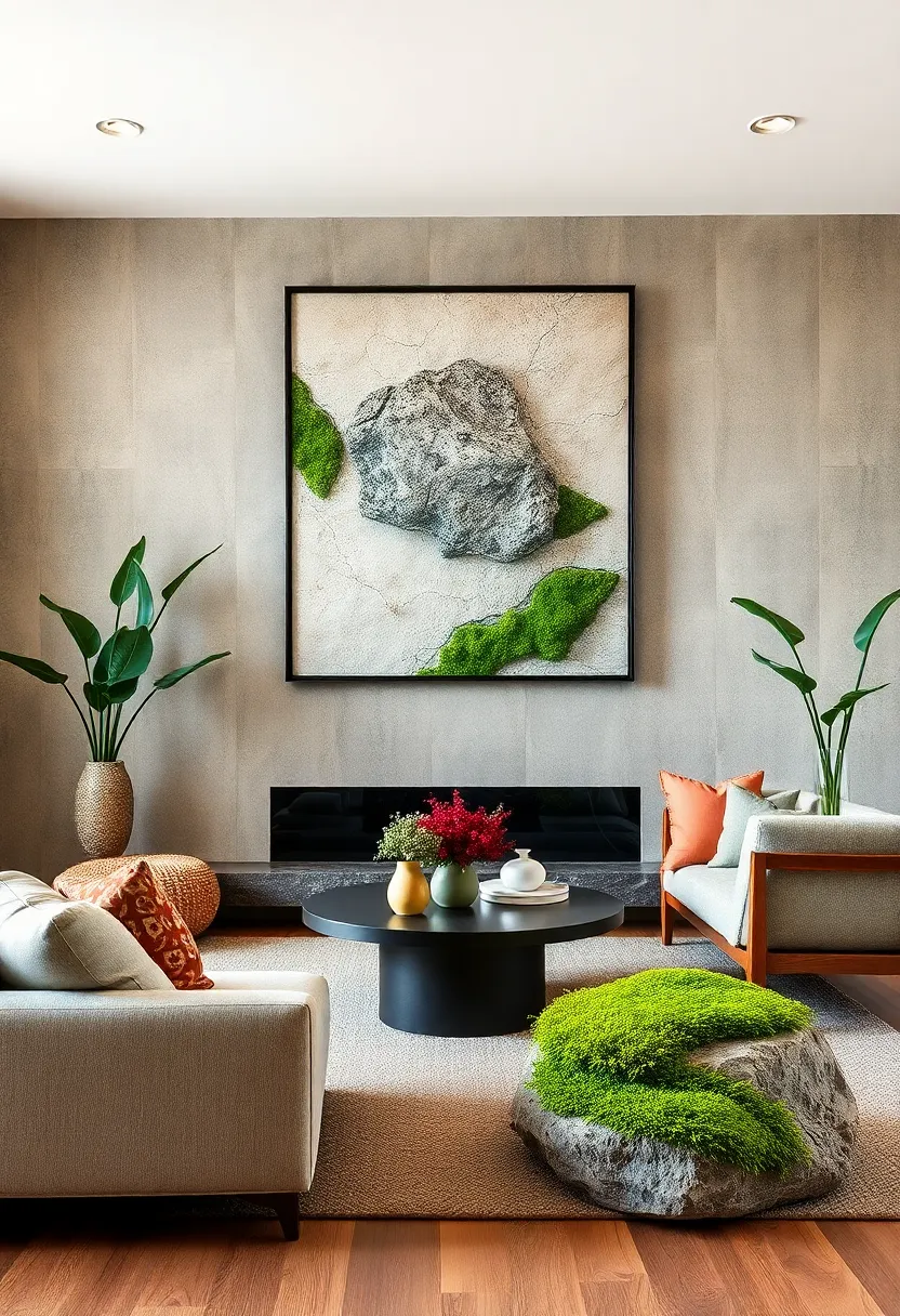 Moss-Covered Rocks: Soft greens and textured surfaces ‌create a tactile, earthy‍ feel⁤ that grounds a room