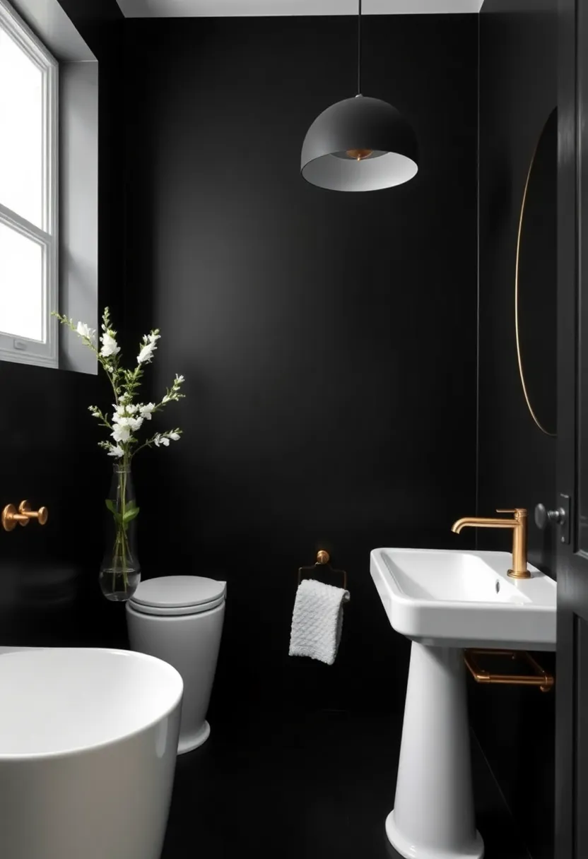 Bring in Metallic Accents: Use gold or brass hardware and fixtures to add a touch of luxury against the black backdrop