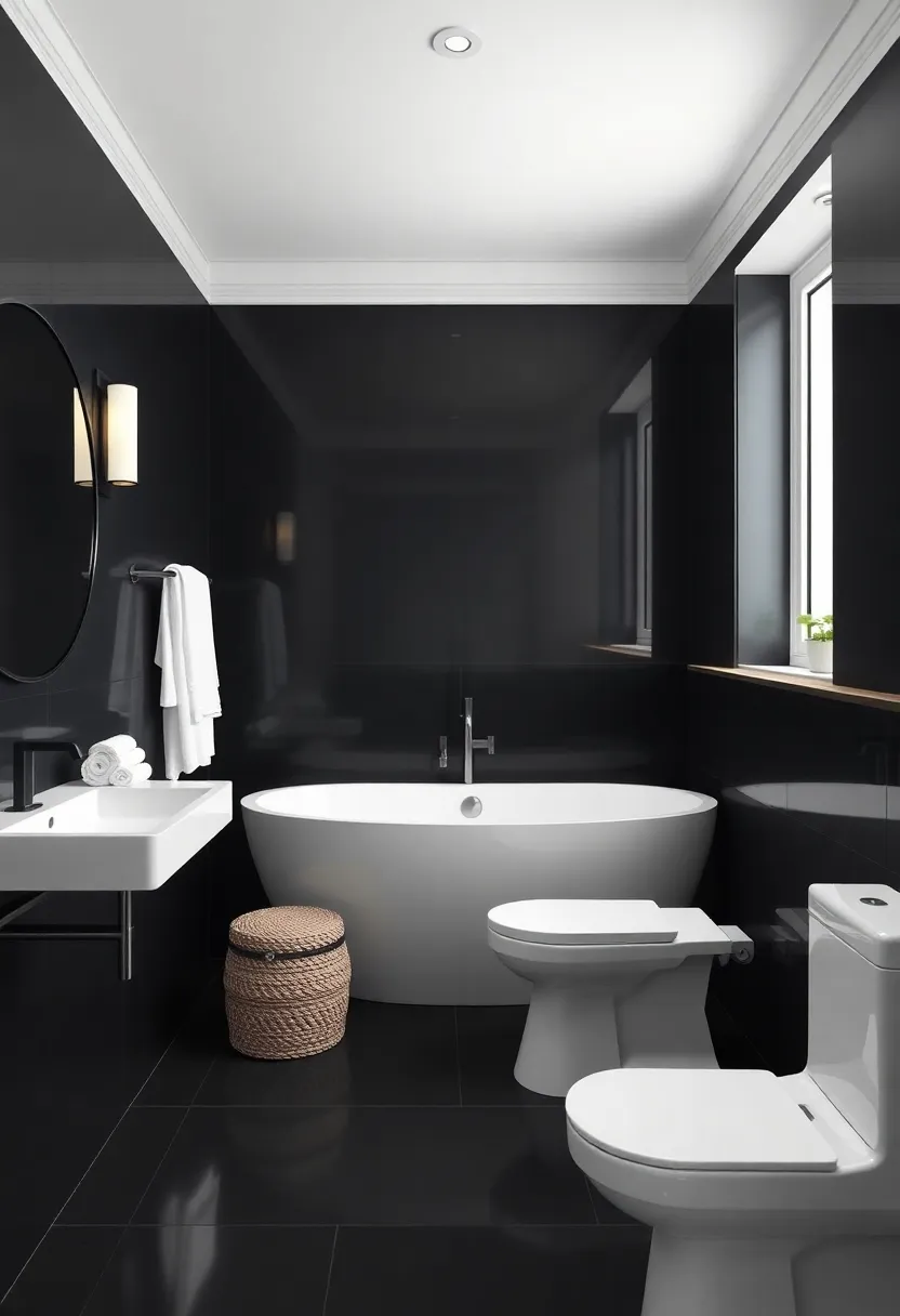 Create a Contrast with White: Frame your black bathroom with crisp white accents, creating a stunning visual balance