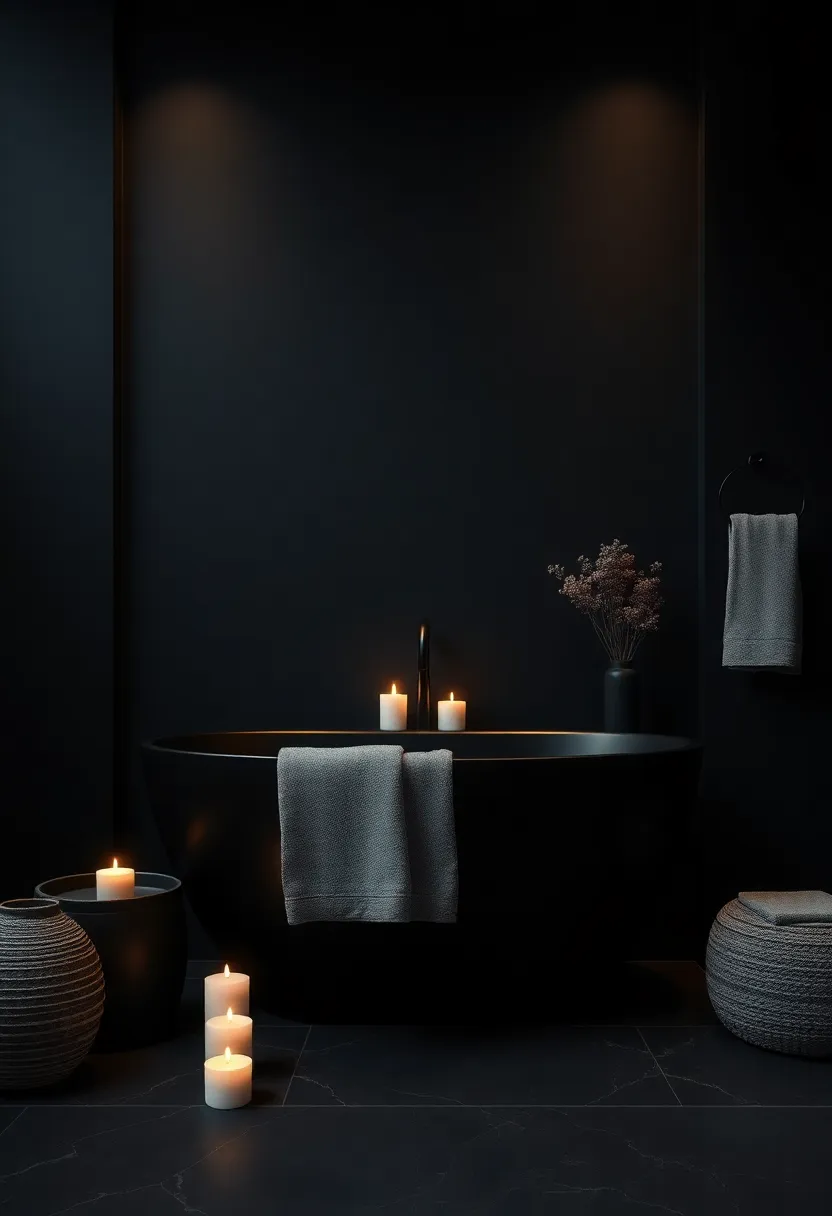 Create a Spa-Like Ambiance: Enhance relaxation with soft towels, candles, and aromatherapy scents in dark tones