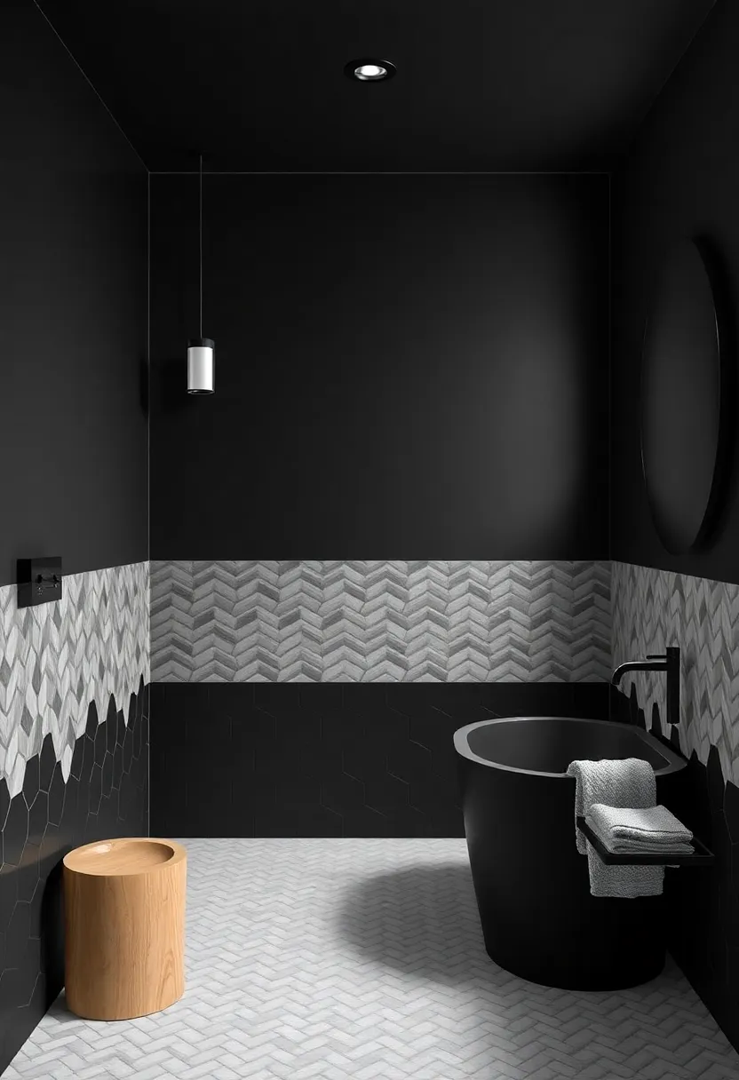 Embrace Geometric Shapes: Utilize hexagon or chevron patterns in tiles to add visual interest to your black bathroom