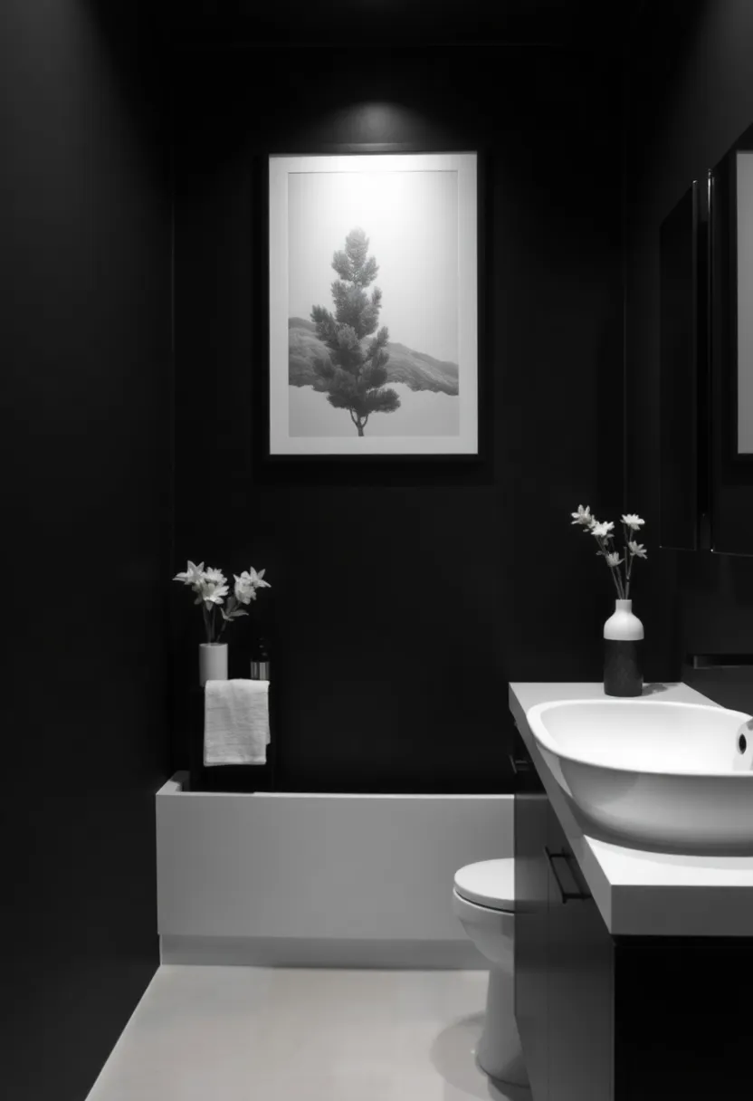 Incorporate Art: Select vibrant artwork or black-and-white photography that pops against the dark background