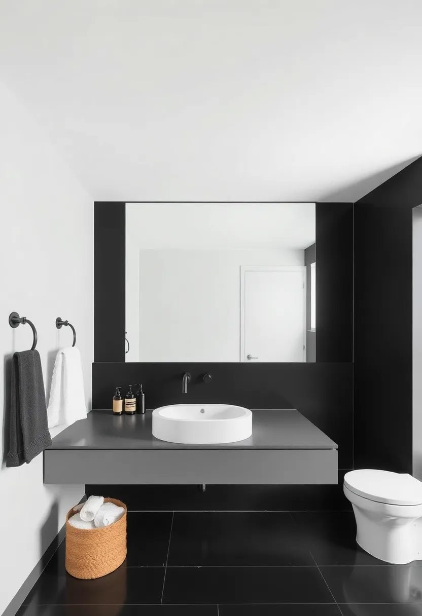 Introduce a Statement Mirror: A bold, oversized mirror can transform your black bathroom, adding depth and a touch of glam