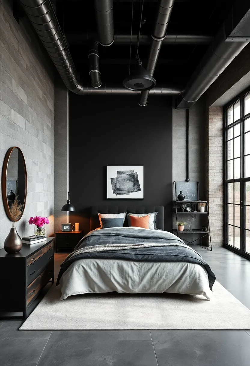 Exposed ‍ductwork and Piping Integrated⁤ as Architectural Accents in a Modern Masculine⁣ Bedroom