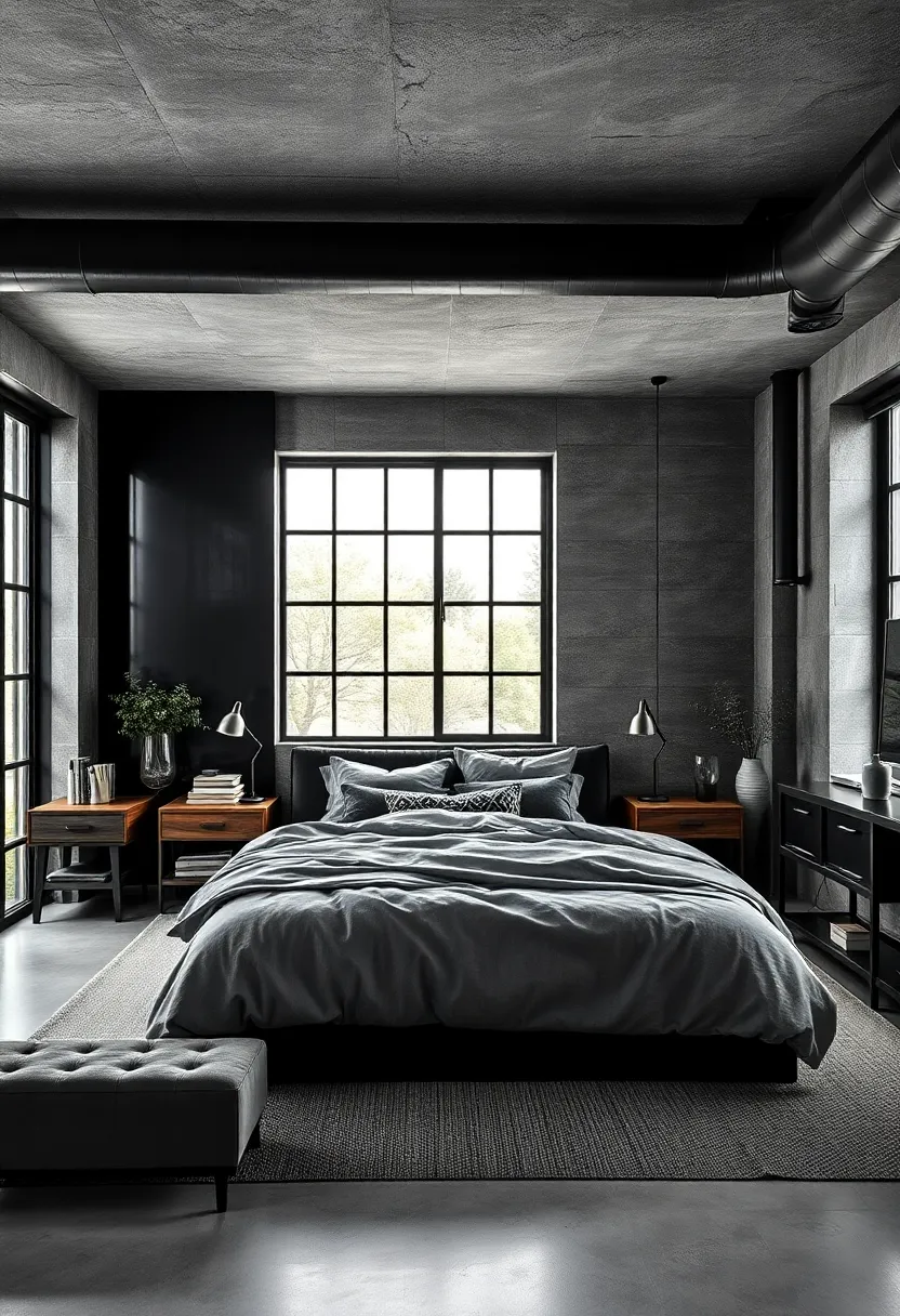 glossy Black Accent Walls Bringing‍ Depth ⁢and Drama to ⁣a Muted Grey Industrial Modern Sanctuary
