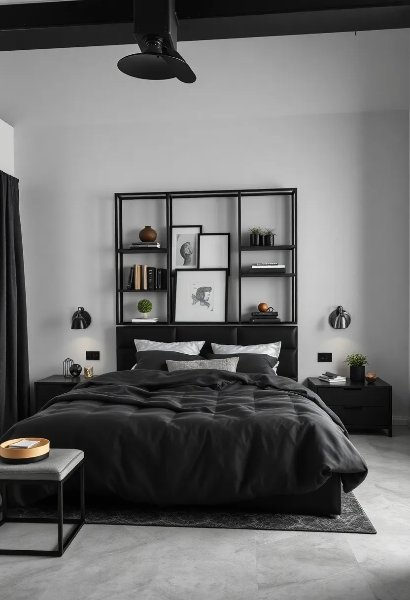 Minimalist Black Shelving ⁣Units Framing Masculine Decor and⁤ Subtle Industrial Details