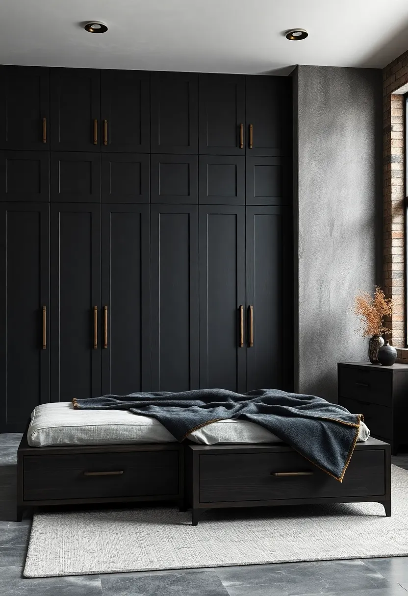 Steel ‍and Blackened Brass Hardware Featuring⁢ Industrial Elegance on Bedroom Closets and Drawers