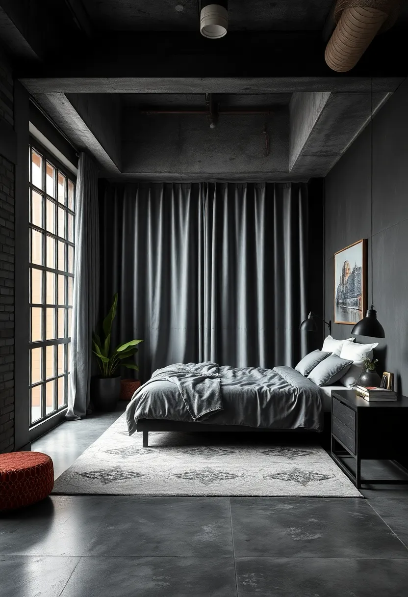 Layered Shades‌ of Grey ‌Drapery Enhancing Privacy and Softness Against⁤ Dark Industrial Walls
