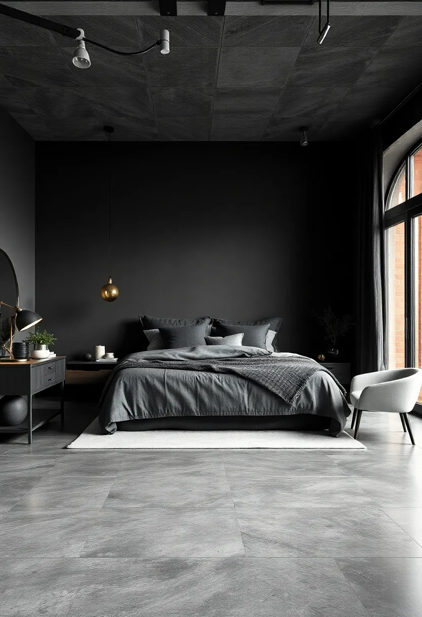 Polished Concrete ‌Floors Reflecting Moody Grey Tones Beneath Black industrial accents