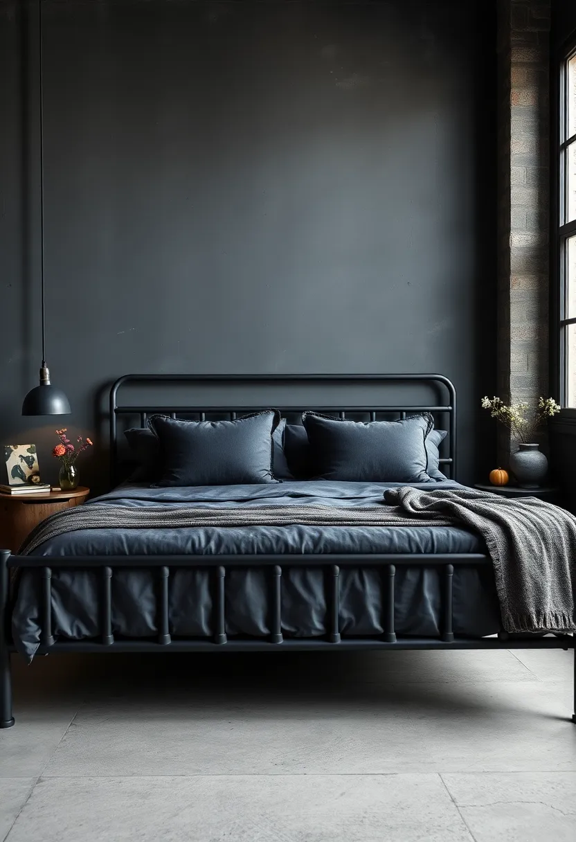 Dark Grey⁤ Accent Pillows with Subtle ​Metallic ​Threading ‌edging a Black ‌Industrial Bed Setup