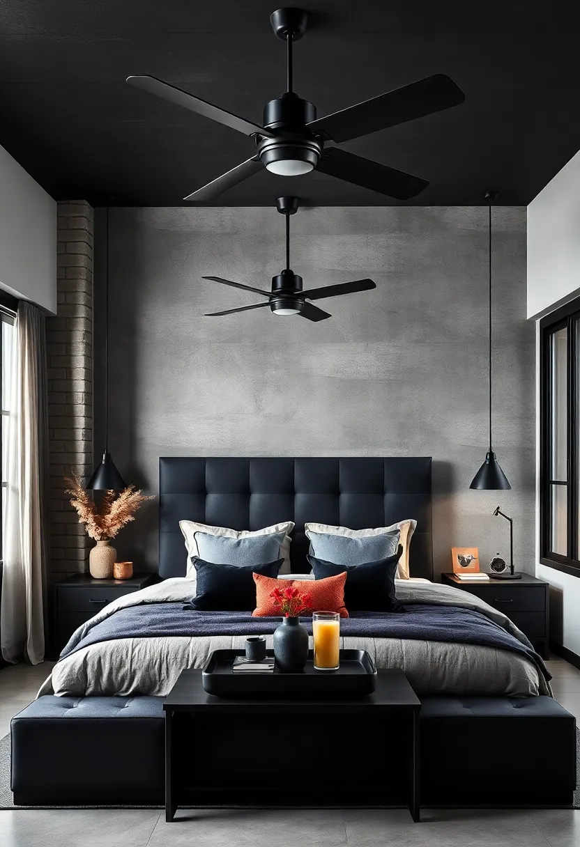 Black​ Matte‍ Ceiling ‍Fans ⁤with industrial Design Accents Suspended‍ Over A Masculine Bedroom ‍Setting