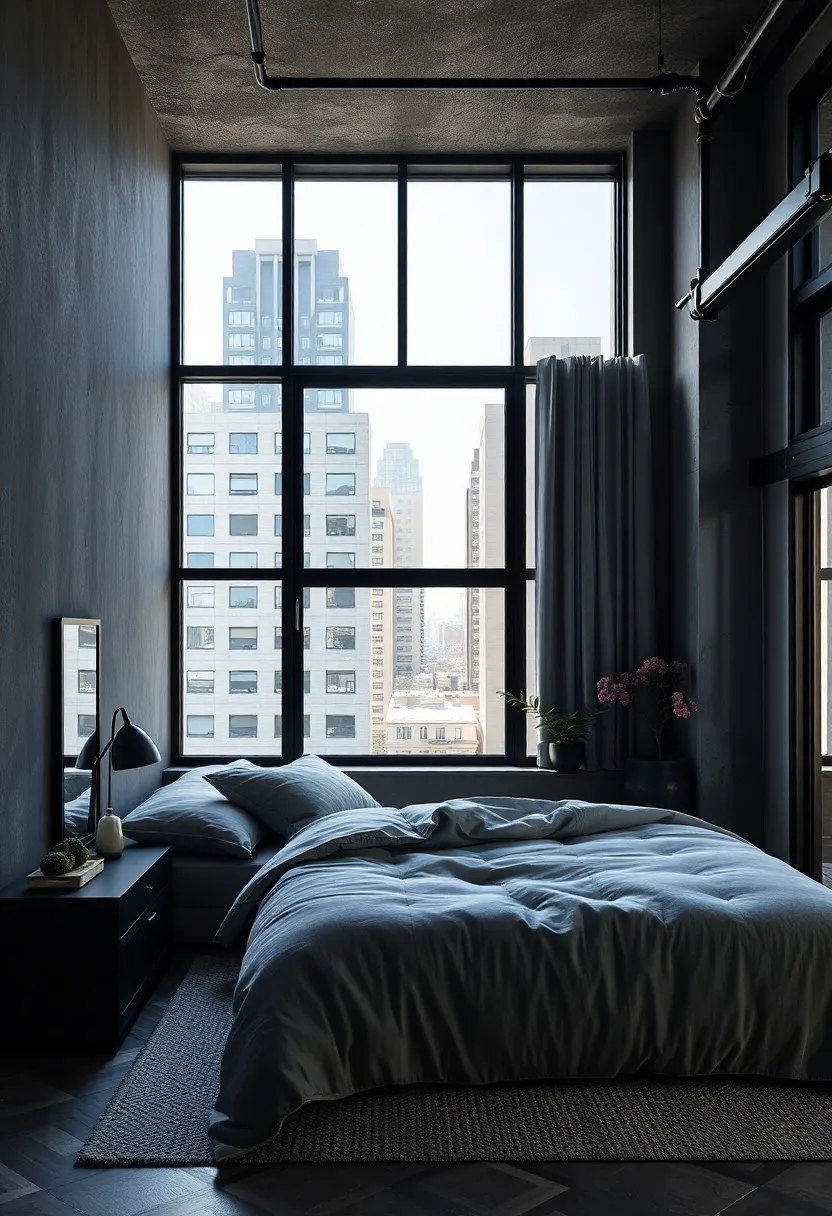 High Contrast⁢ Black Window frames Framing Urban Views to Amplify Industrial-Modern⁤ bedroom Ambiance