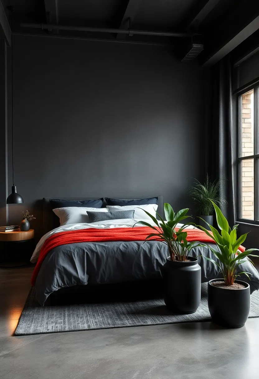 Subtle Greenery in Black ‍Pots Offering a Soft Organic Relief to​ Strict industrial⁤ Black and ⁤Grey