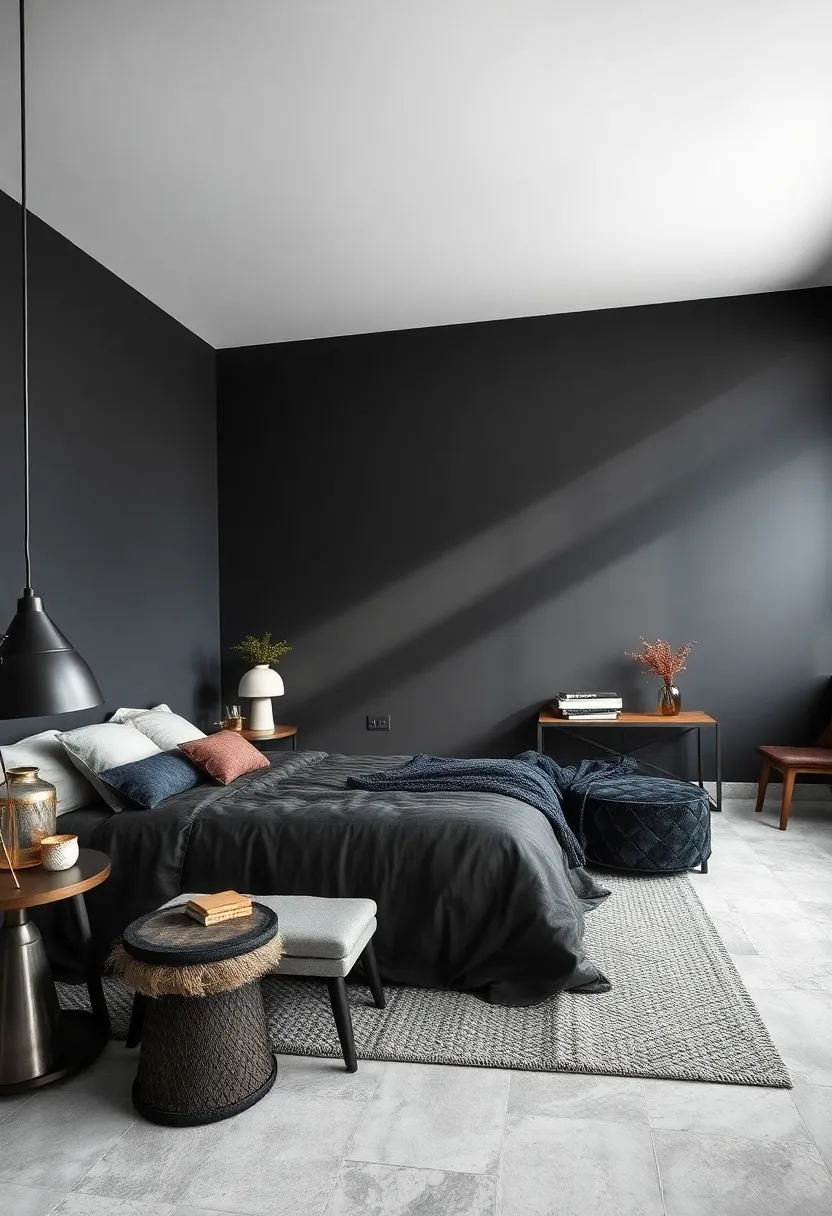 The ⁣Play ⁣of light and Shadow Against Matte Black Walls in‌ a ⁣Modern⁣ Industrial ⁤Bedroom