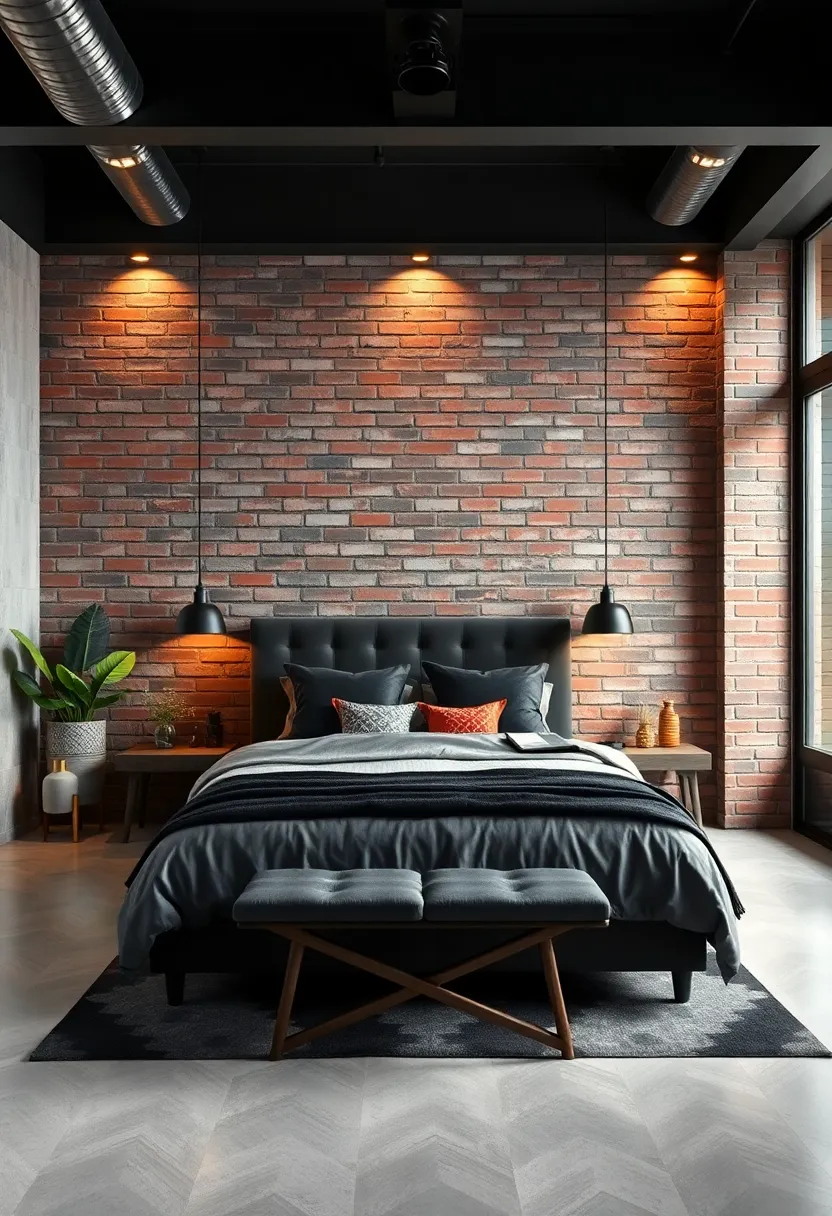Raw Brick accent walls ​Painted⁣ Charcoal Creating Textural Contrast in Industrial-Modern Spaces