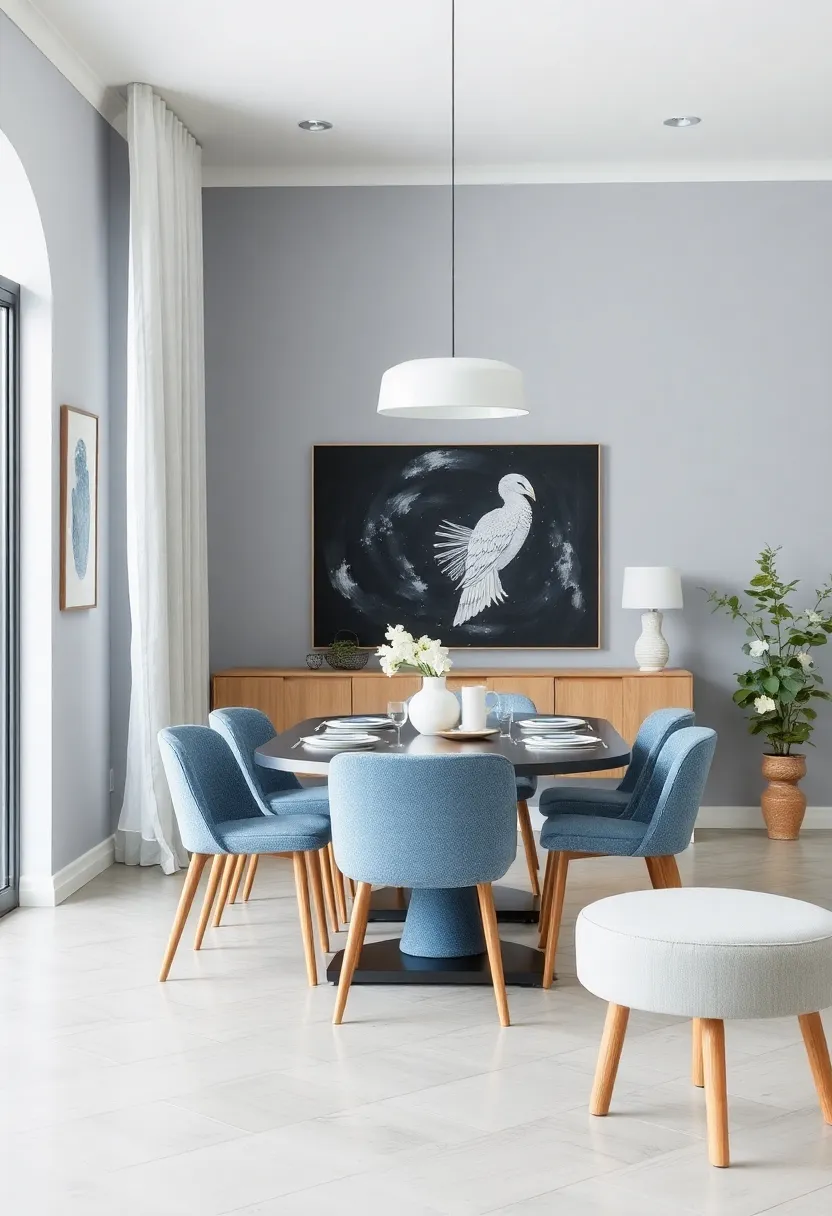 Showcasing Personal Collections in a Blue and Gray Dining Experience