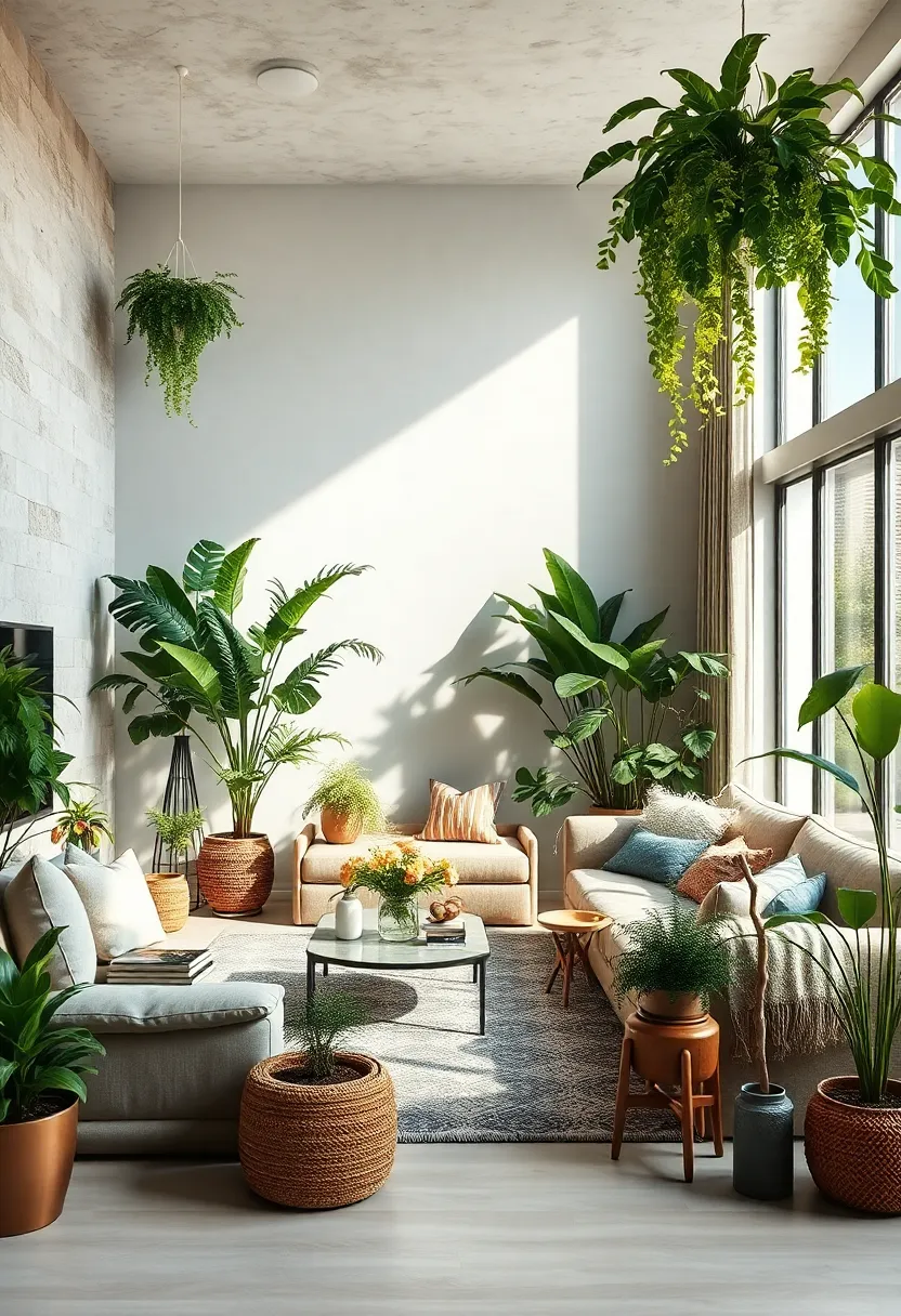 Embracing Natural light to Enhance ⁢a Boho Modern Living⁢ Room Filled with Vibrant Lush Greenery