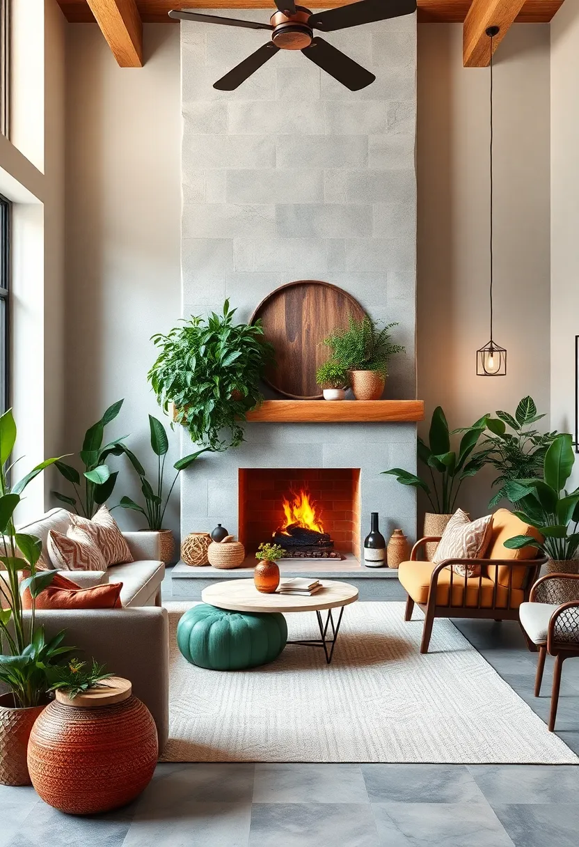 Crafting an Inviting⁣ Boho Modern Fireplace Area⁤ Enveloped by Diverse ​Greenery ‍and Textural Decor