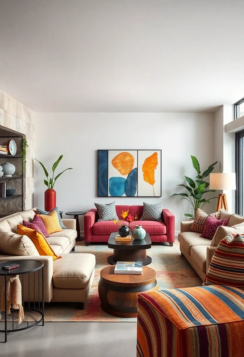 Vibrant geometrics collide‌ with classic stripes in⁢ a living room ⁤that balances ‍energy⁢ and elegance through​ carefully curated textiles