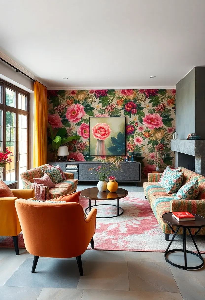 Eclectic patchwork upholstery ‌paired with oversized floral ​wallpaper crafts‌ a dynamic environment bursting with personality